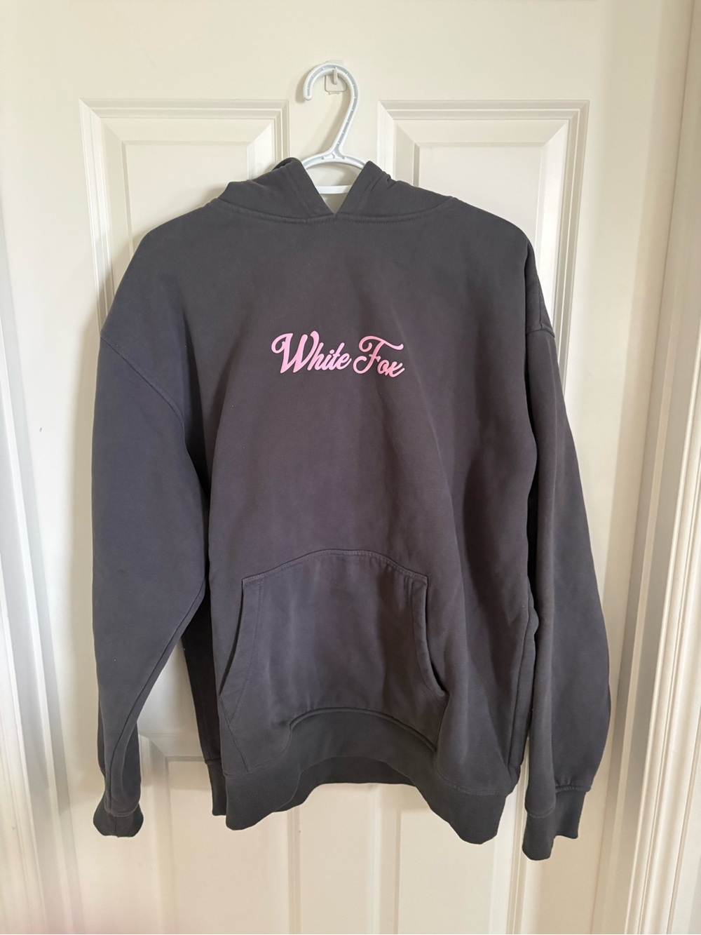 White Fox Boutique Charcoal Hoodie with Pink Script Logo